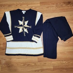 Vintage compass sweater set tNavy blue, gold, white nautical long sleeve knit